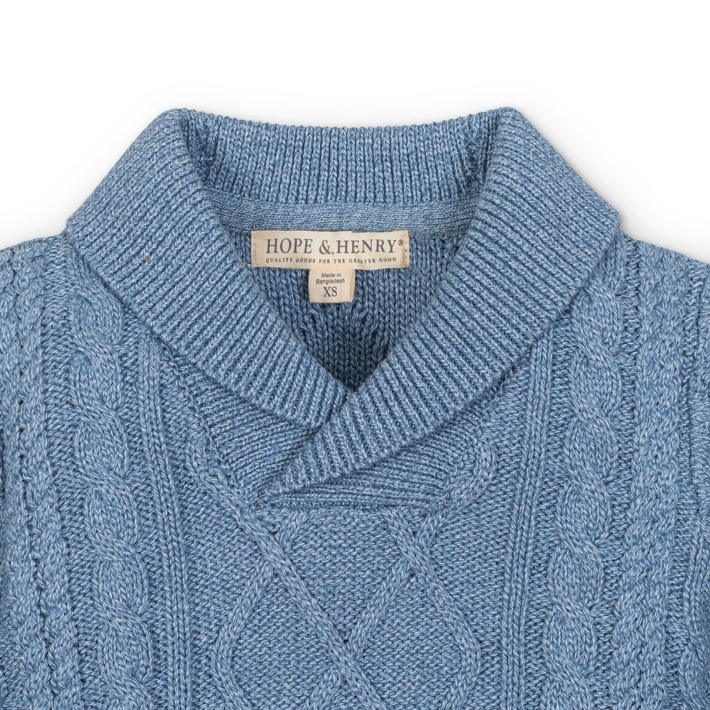 Organic Cotton Blue Cable Knit Shawl Collar Sweater