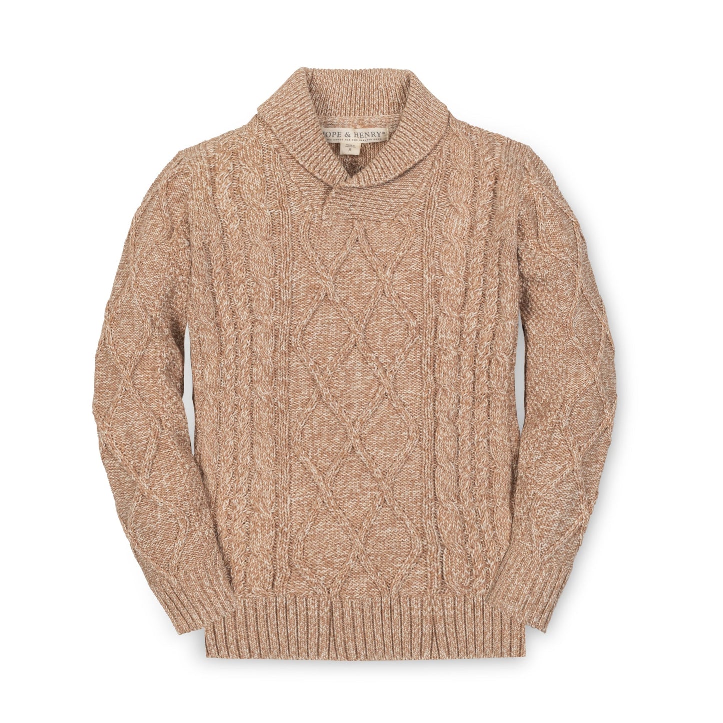 Organic Cotton Neutral Tan Shawl Collar Cable Knit Sweater