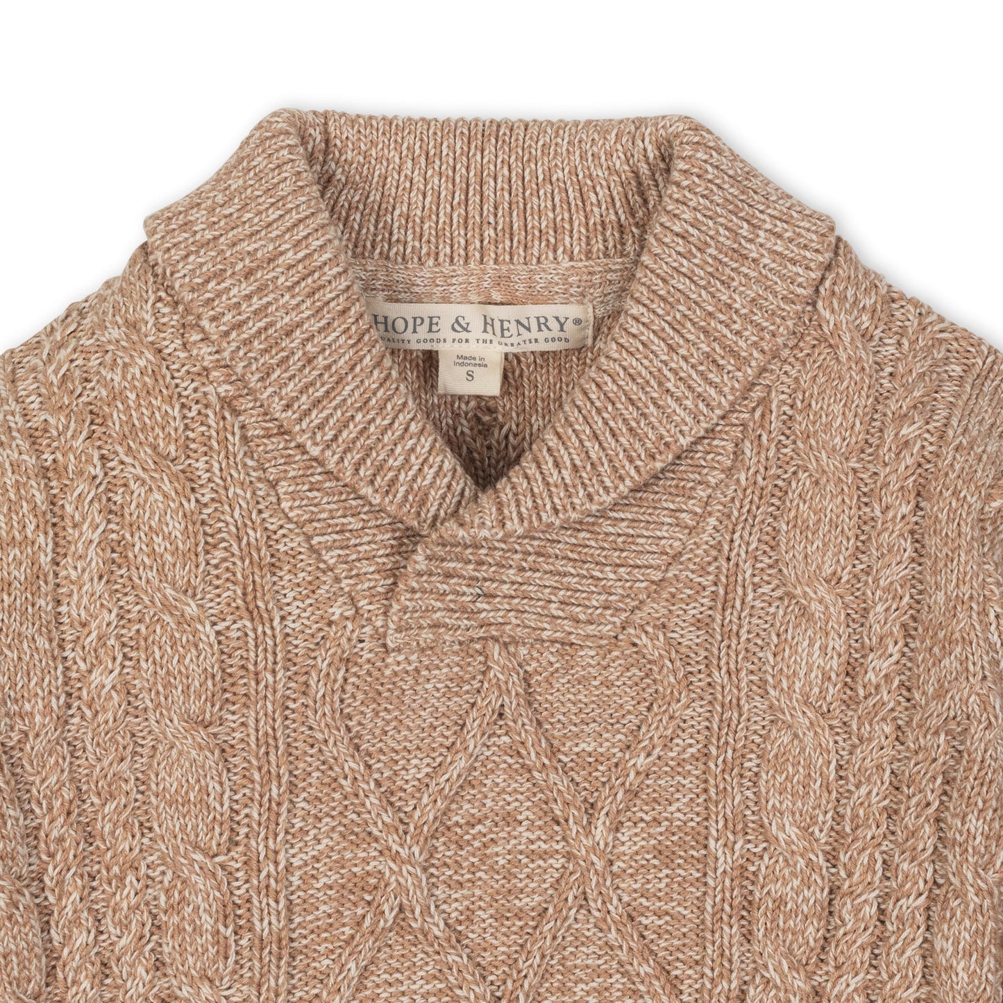 Organic Cotton Neutral Tan Shawl Collar Cable Knit Sweater