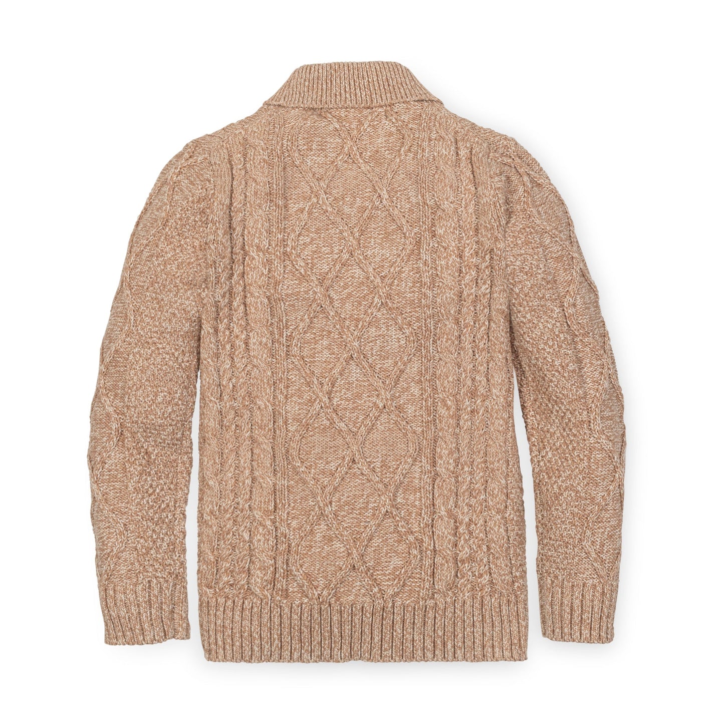 Organic Cotton Neutral Tan Shawl Collar Cable Knit Sweater