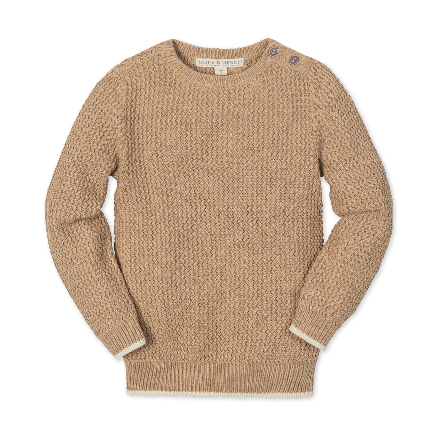 Organic Cotton Neutral Tan Crewneck Sweater with Buttons