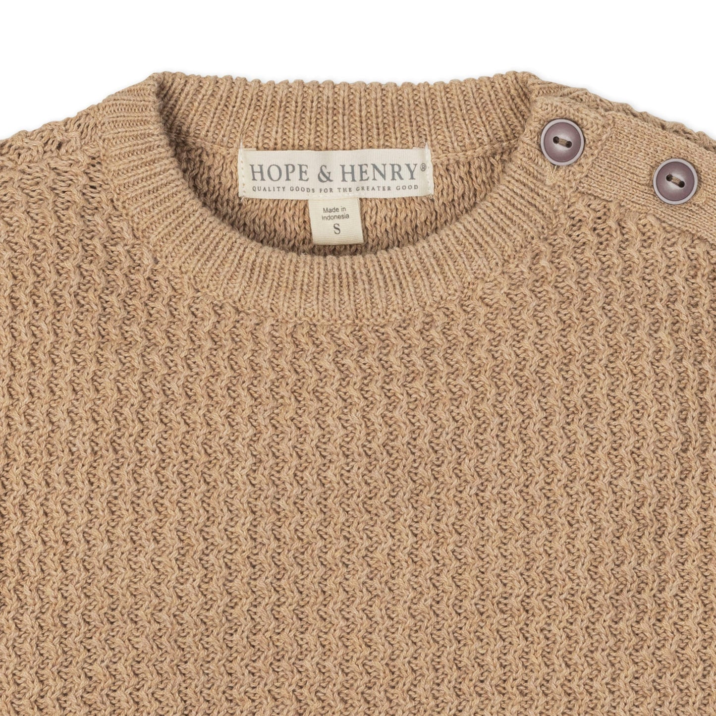 Organic Cotton Neutral Tan Crewneck Sweater with Buttons