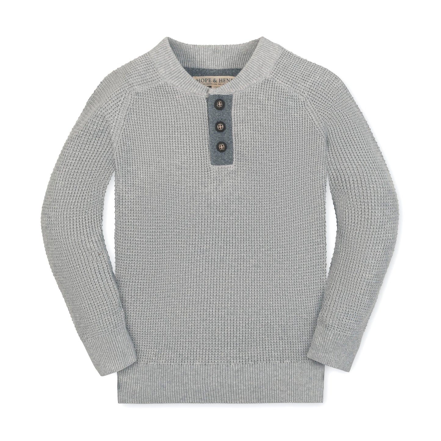 Organic Cotton Grey Knit Sweater Henley with Elbow Patches