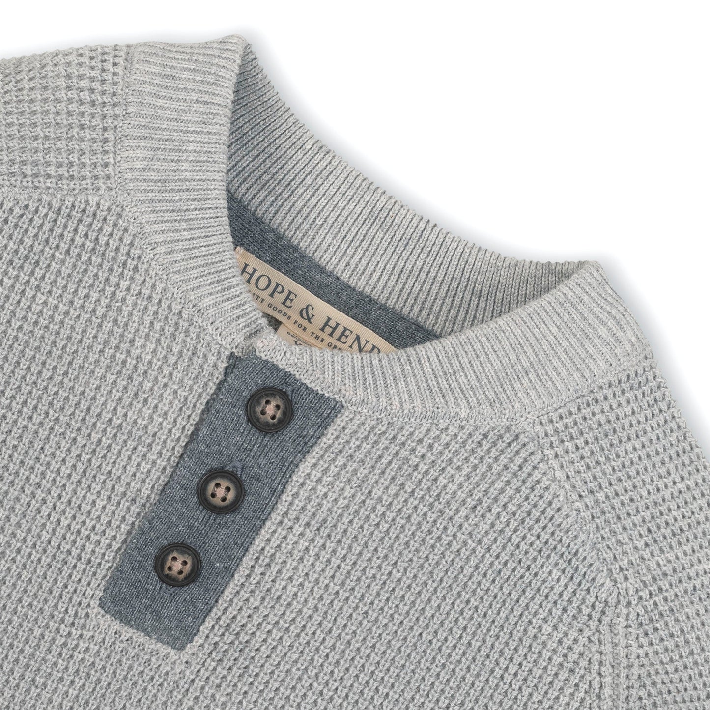 Organic Cotton Grey Knit Sweater Henley with Elbow Patches