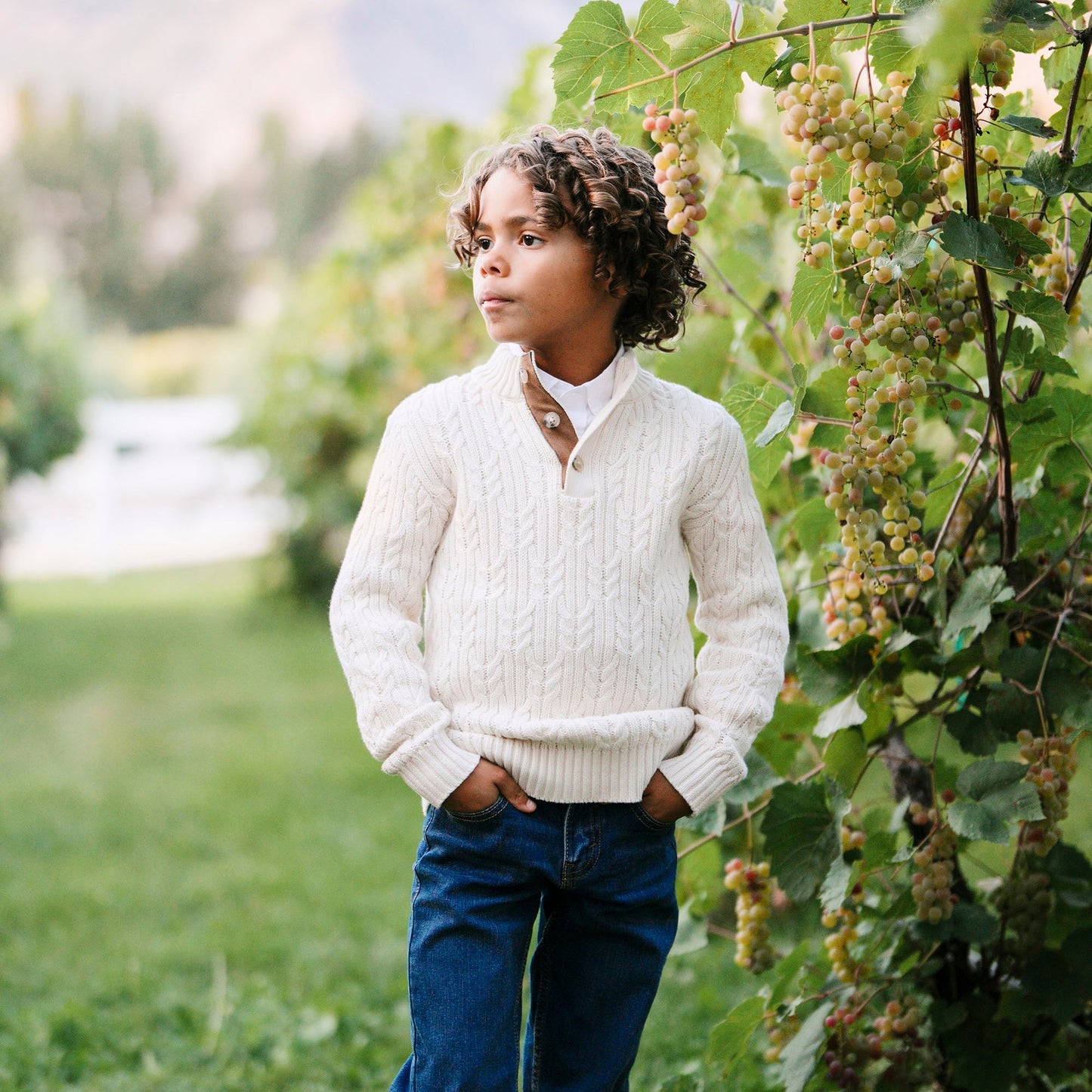 Organic Cotton White Cable Knit Mock Neck Sweater