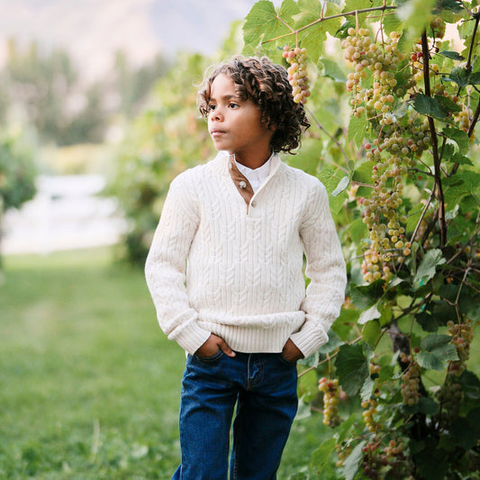 Organic Cotton White Cable Knit Mock Neck Sweater