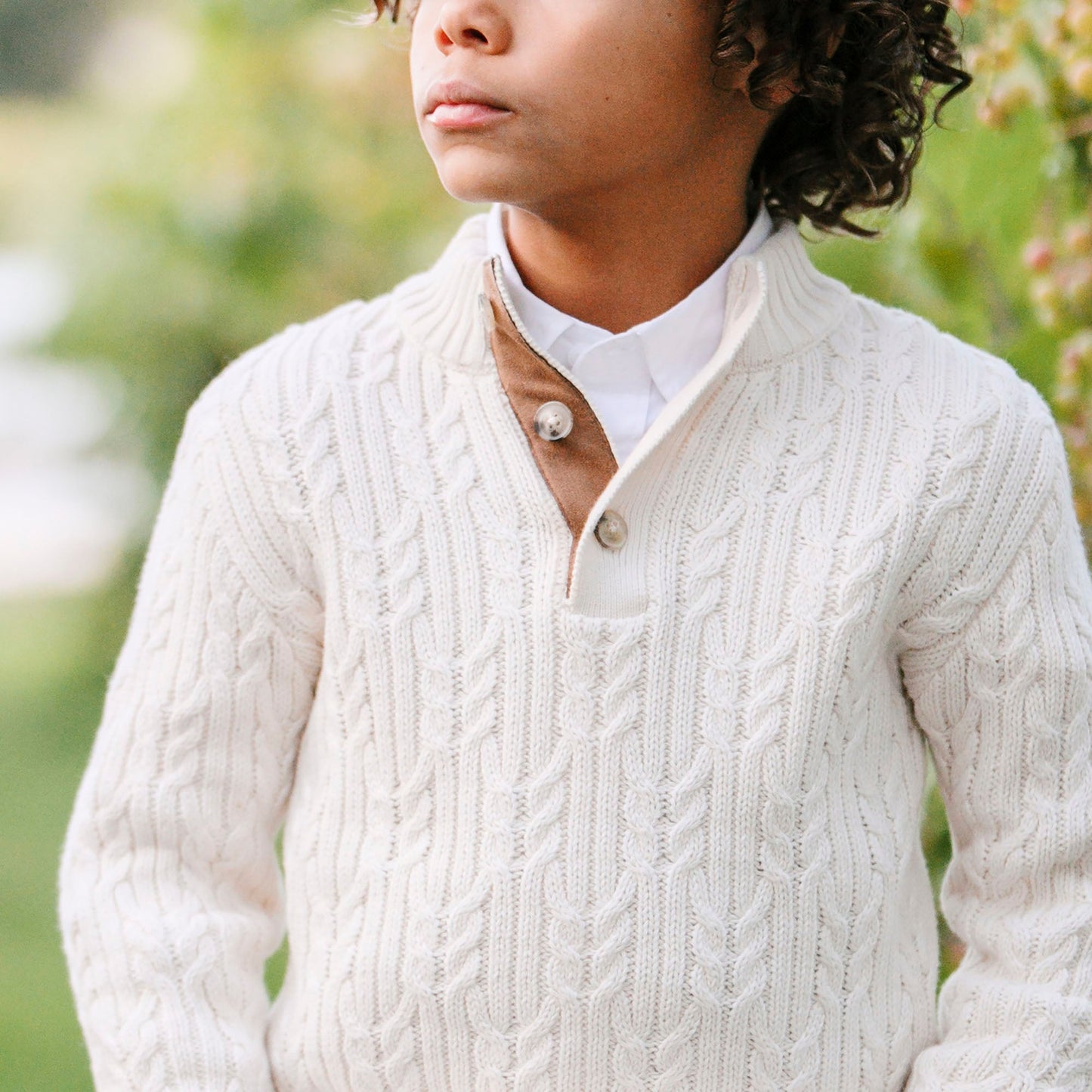 Organic Cotton White Cable Knit Mock Neck Sweater