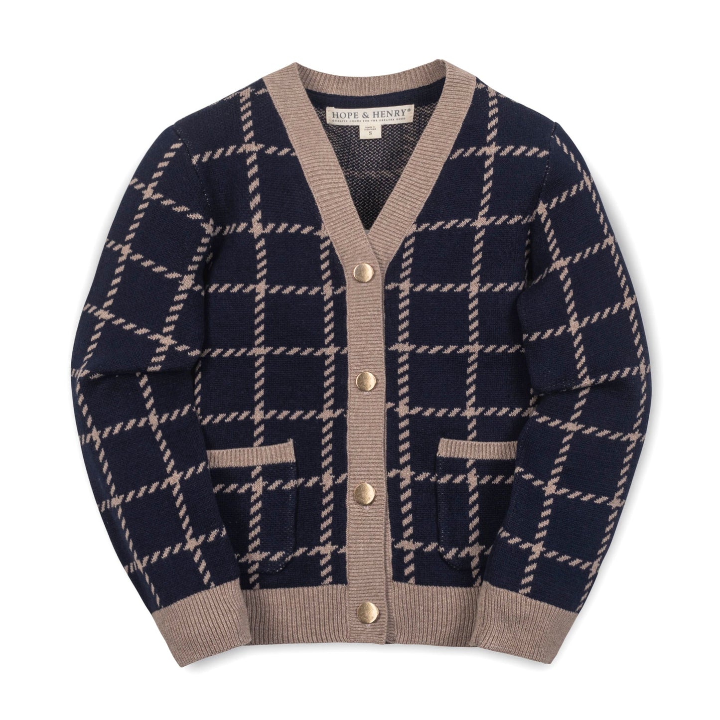 Organic Cotton Navy Blue and Beige Plaid Boyfriend Cardigan