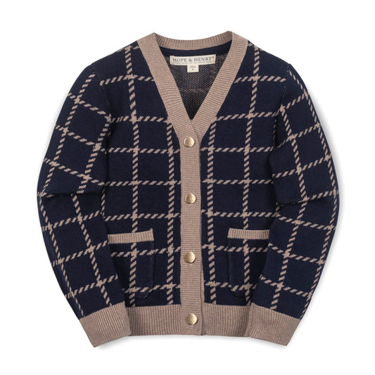 Organic Cotton Navy Blue and Beige Plaid Boyfriend Cardigan