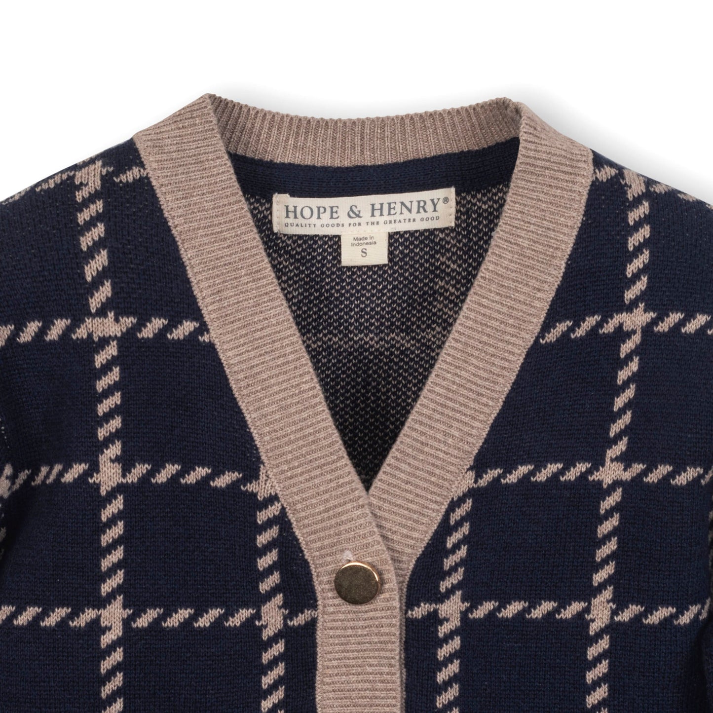 Organic Cotton Navy Blue and Beige Plaid Boyfriend Cardigan