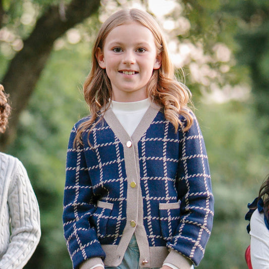 Organic Cotton Navy Blue and Beige Plaid Boyfriend Cardigan