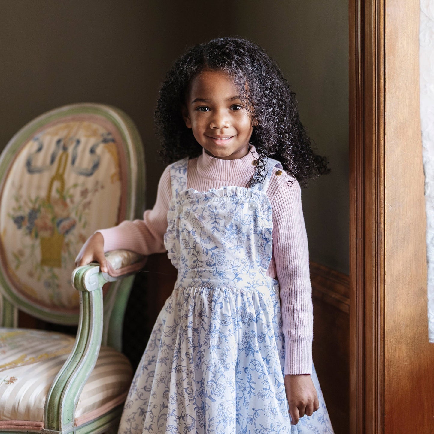 Organic Cotton Blue & White Floral Ruffle Apron Dress