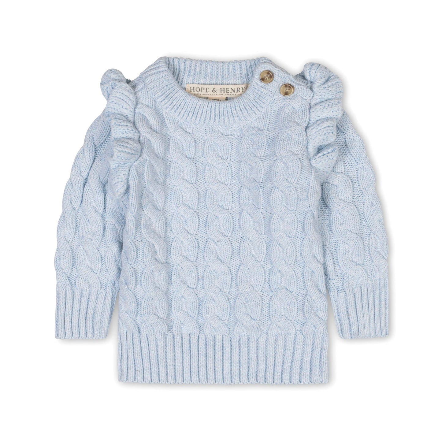 Organic Cotton Blue Cable knit Mock Neck Ruffle Sweater
