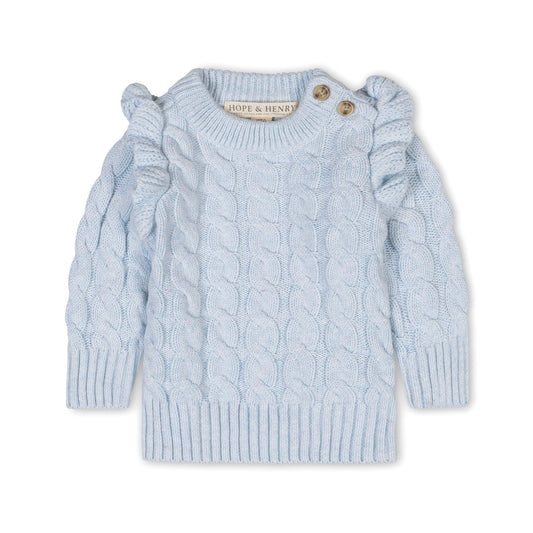 Organic Cotton Blue Cable knit Mock Neck Ruffle Sweater