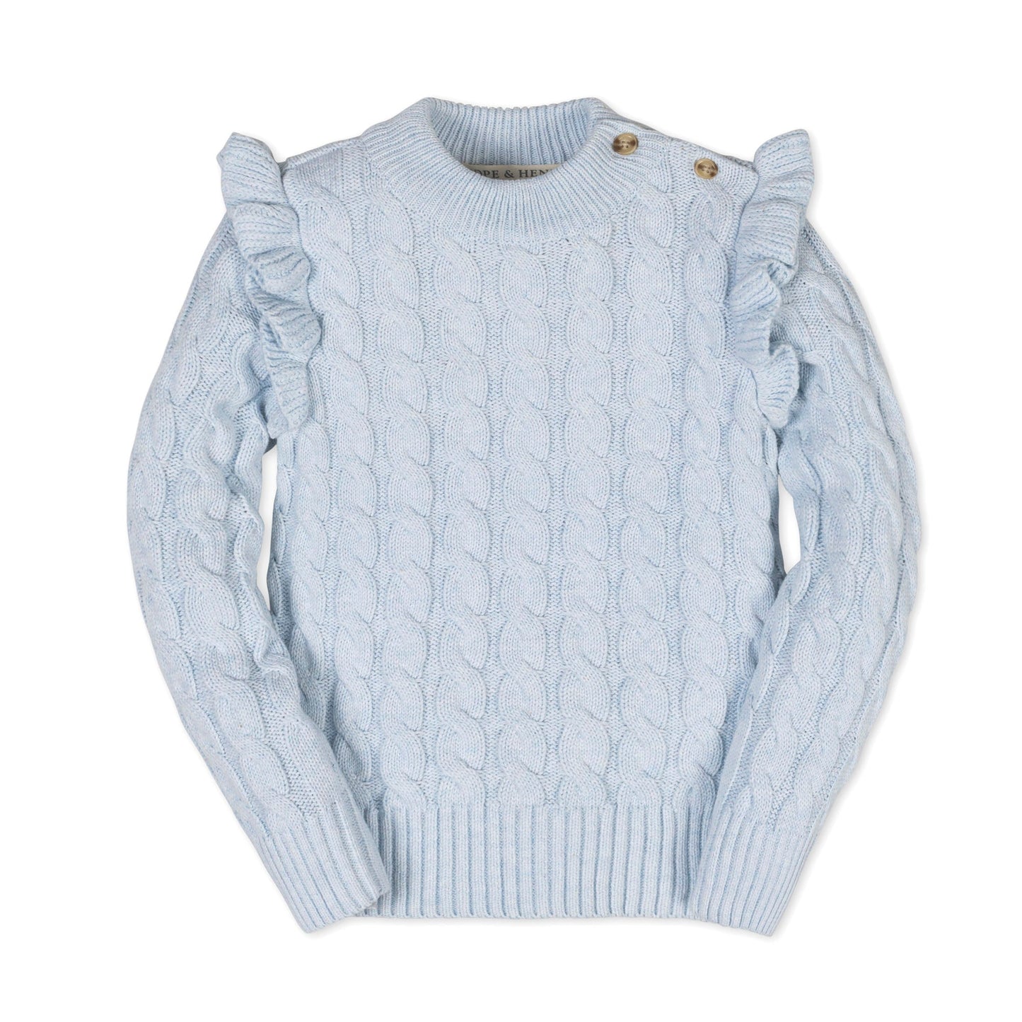 Organic Cotton Blue Cable knit Mock Neck Ruffle Sweater