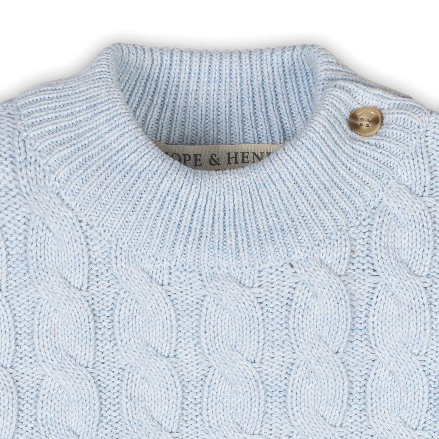 Organic Cotton Blue Cable knit Mock Neck Ruffle Sweater