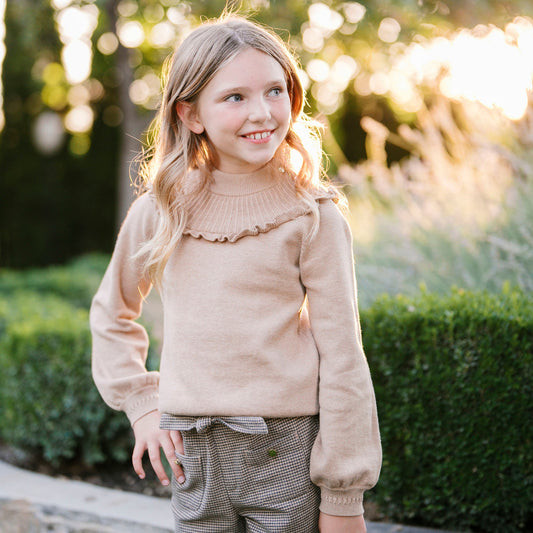 Organic Cotton Neutral Beige Mock Neck Ruffle Sweater