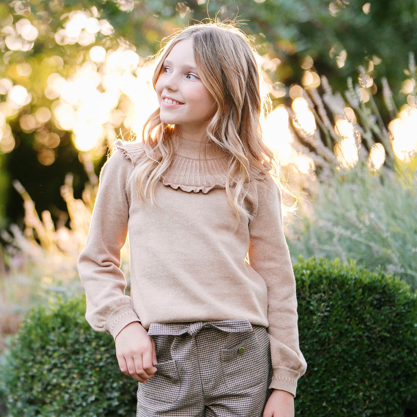 Organic Cotton Neutral Beige Mock Neck Ruffle Sweater