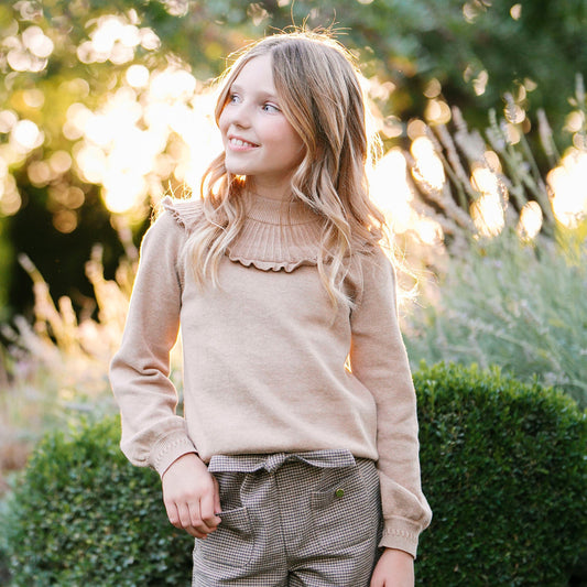 Organic Cotton Neutral Beige Mock Neck Ruffle Sweater