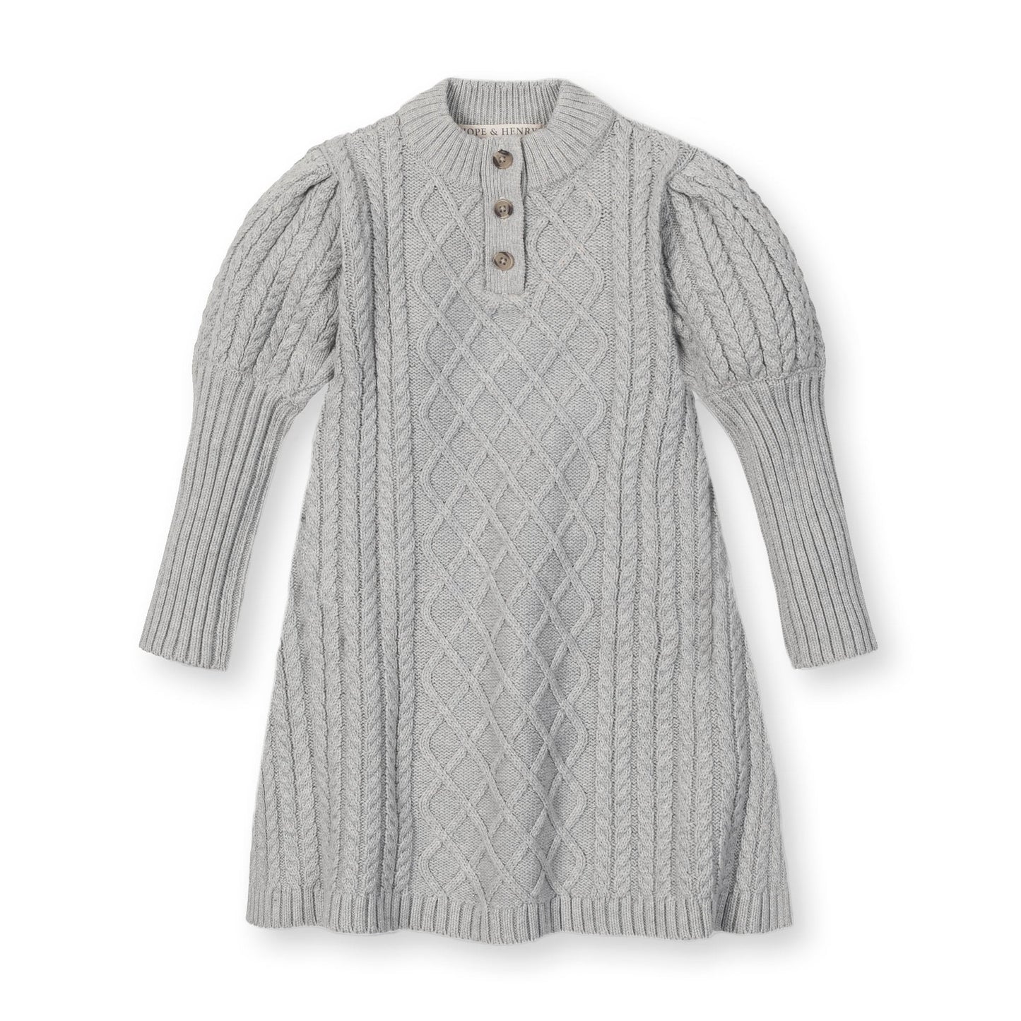 Organic Cotton Gray Cable Knit Mock Neck Button Placket Sweater Dress