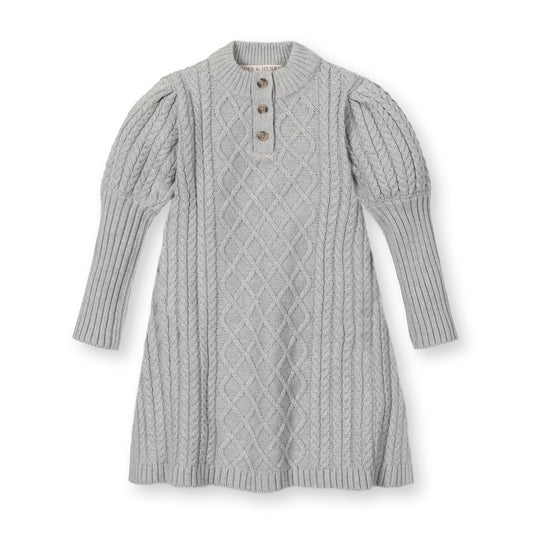 Organic Cotton Gray Cable Knit Mock Neck Button Placket Sweater Dress
