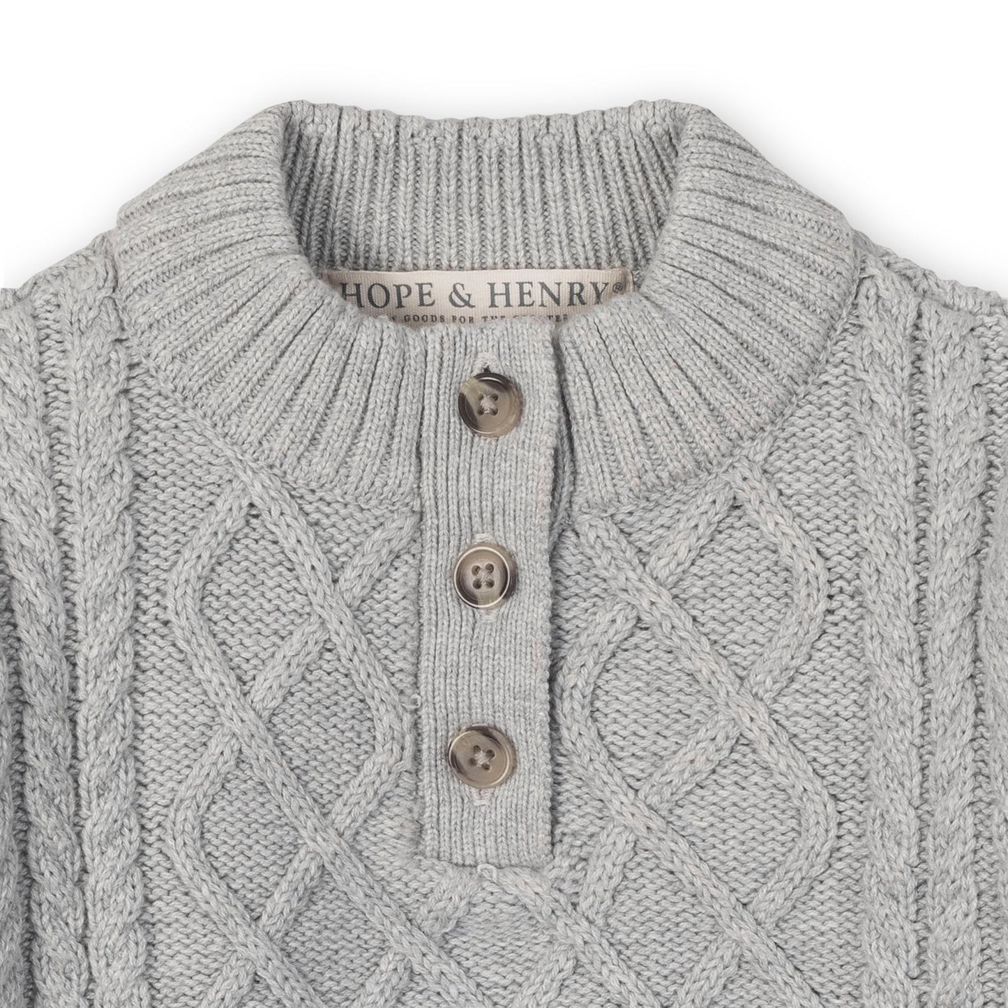 Organic Cotton Gray Cable Knit Mock Neck Button Placket Sweater Dress