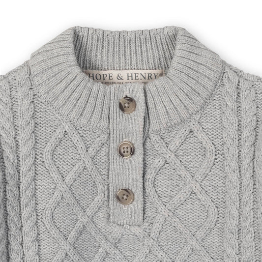 Organic Cotton Gray Cable Knit Mock Neck Button Placket Sweater Dress