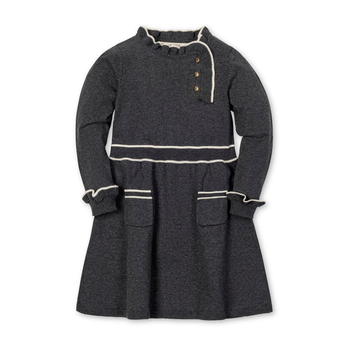 Organic Cotton Dark Gray and Ivory Ruffle Trim Sweater Dress