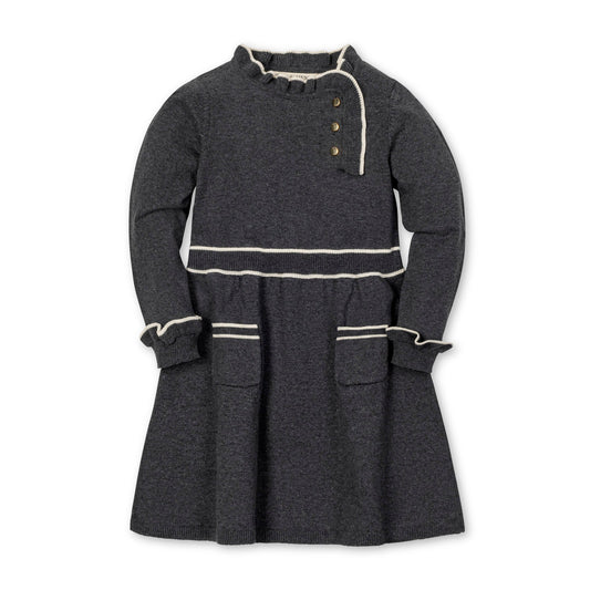 Organic Cotton Dark Gray and Ivory Ruffle Trim Sweater Dress