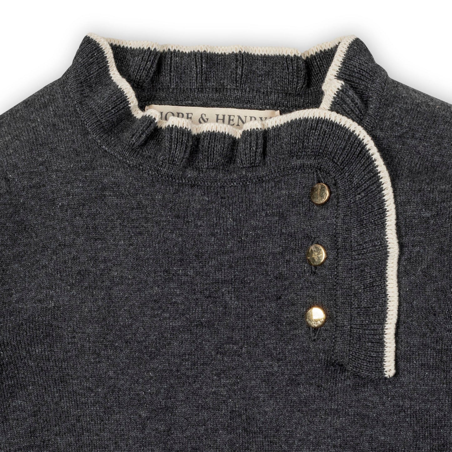 Organic Cotton Dark Gray and Ivory Ruffle Trim Sweater Dress
