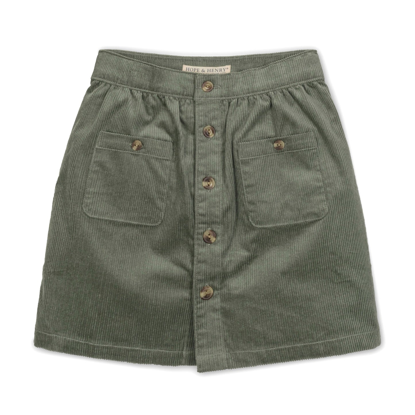 Organic Cotton Green Corduroy Button Front Skirt with Pockets