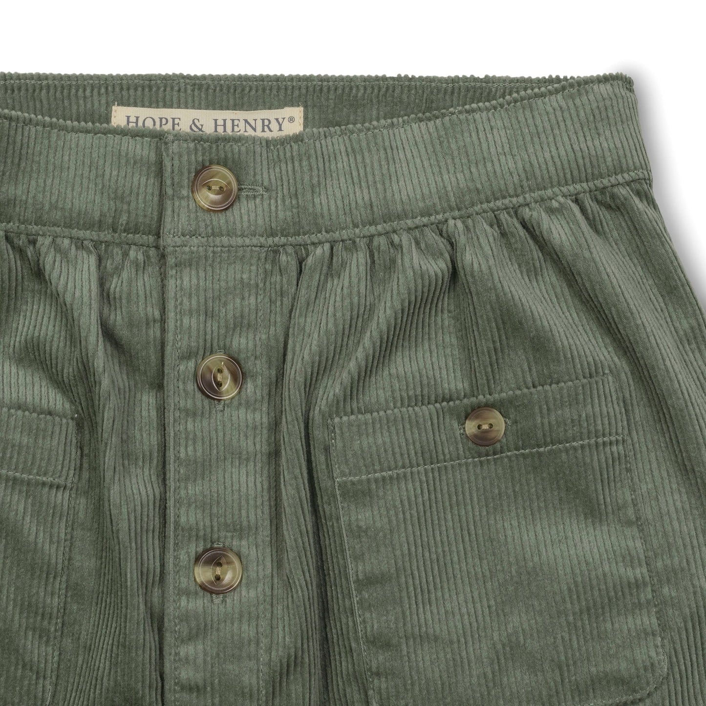 Organic Cotton Green Corduroy Button Front Skirt with Pockets