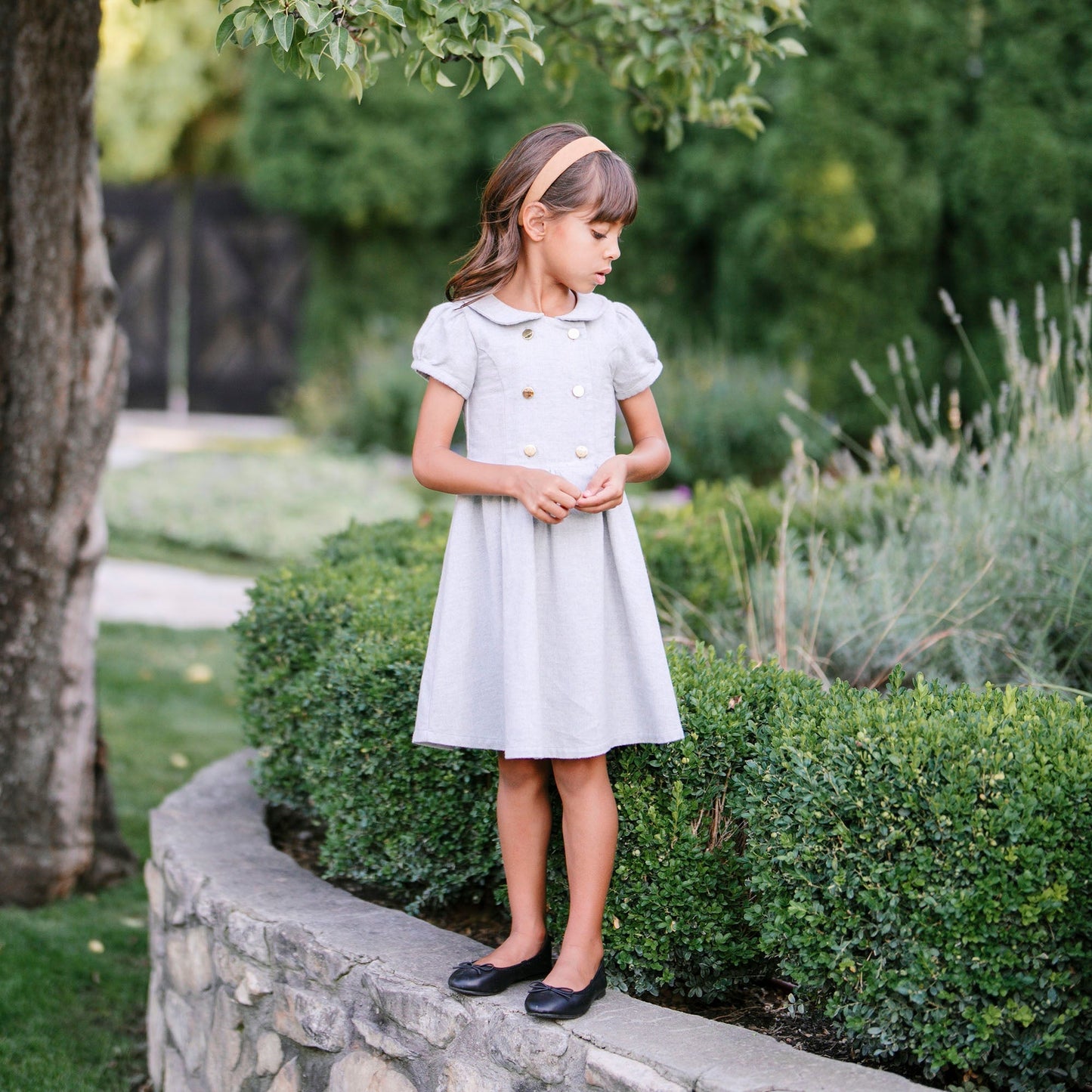 Organic Cotton Short Sleeve Double-Breasted Gray Flannel Dress