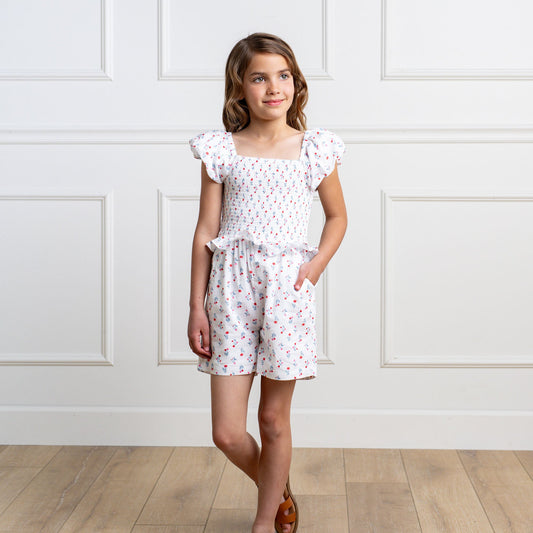 Organic Cotton Floral Puff Sleeve Smocked Romper