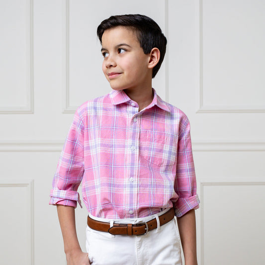 Organic Linen/Cotton Pink Plaid Button Down Dress Shirt