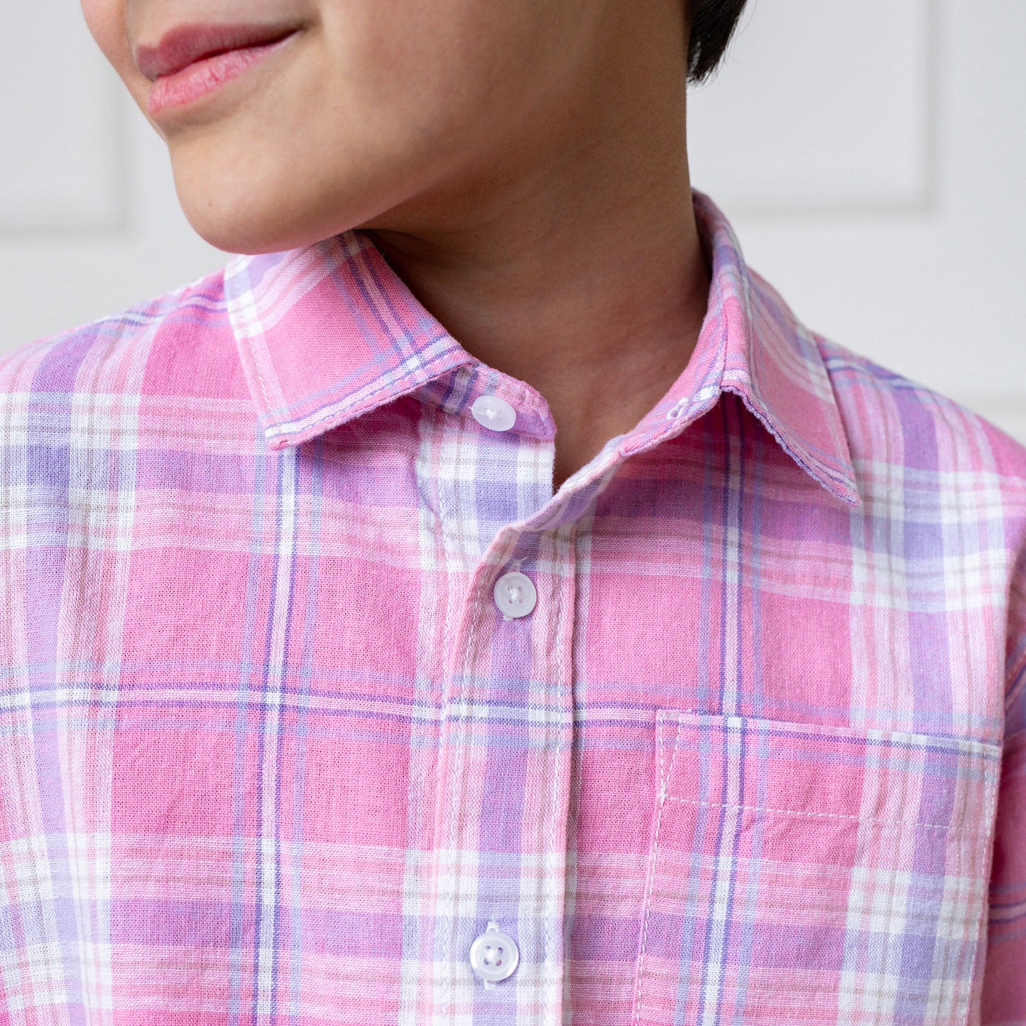 Organic Linen/Cotton Pink Plaid Button Down Dress Shirt