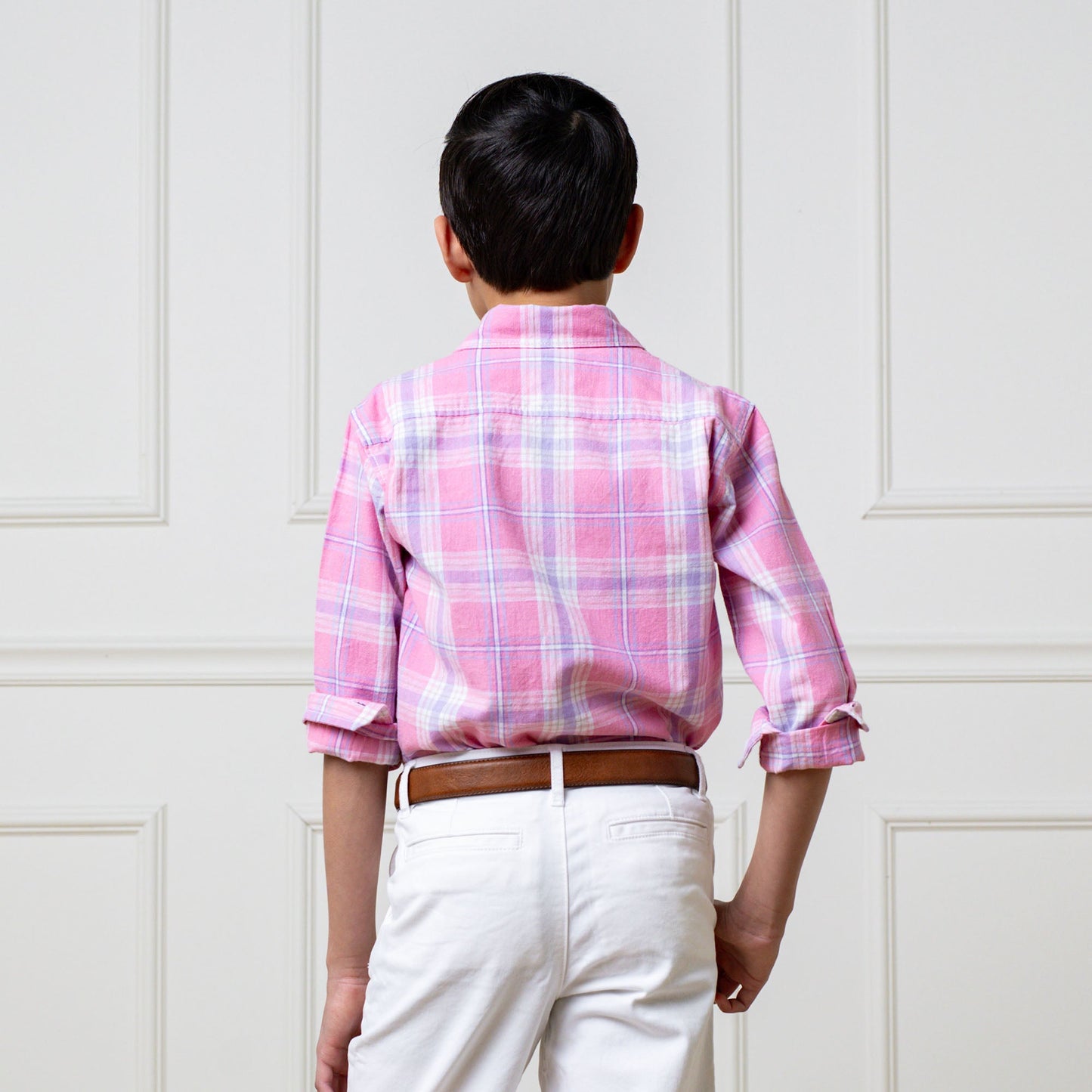 Organic Linen/Cotton Pink Plaid Button Down Dress Shirt