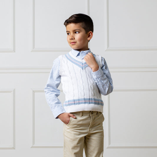 Organic Cotton Blue & White Cable Knit Cricket Sweater Vest