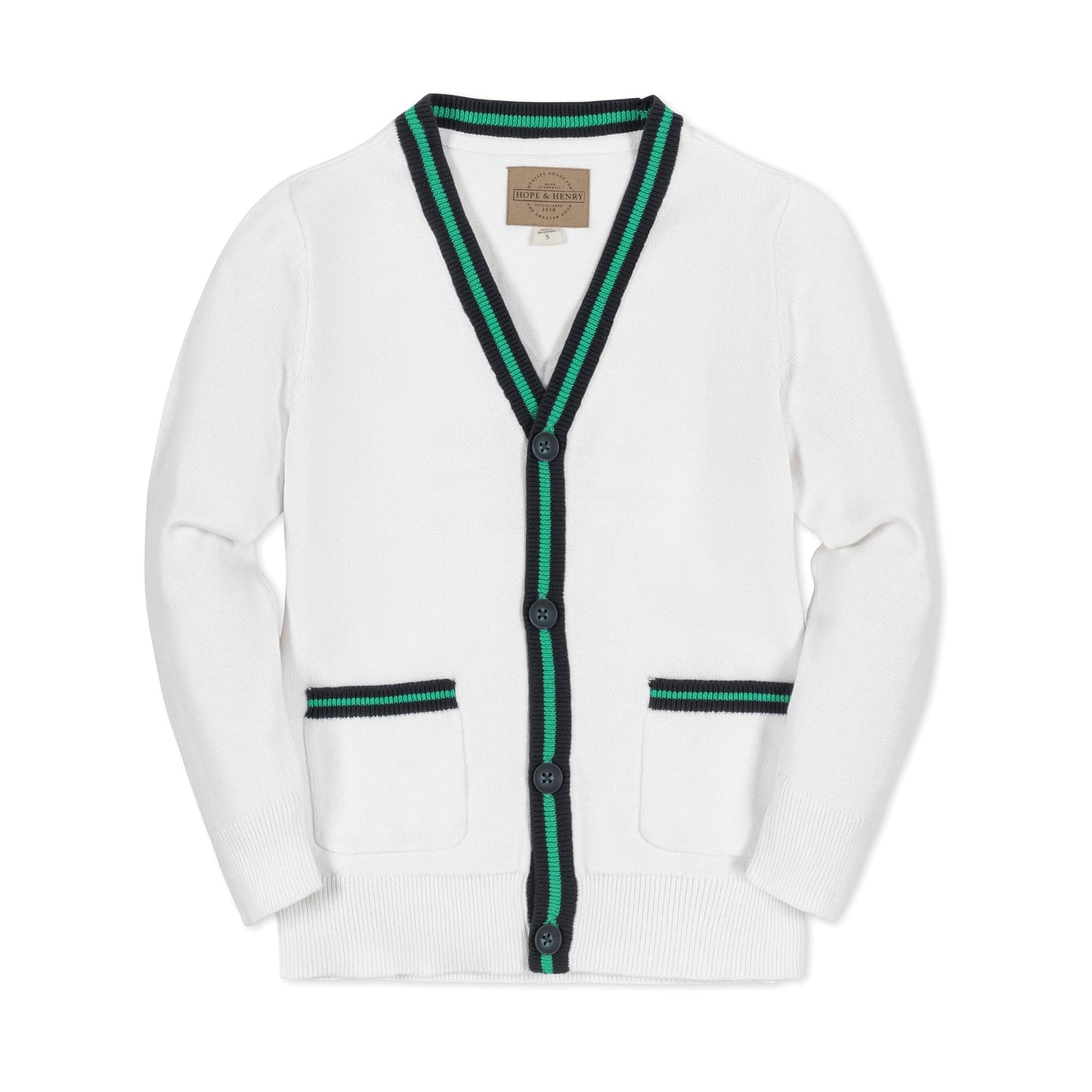 Organic Cotton White & Green V-Neck Tipped Cardigan