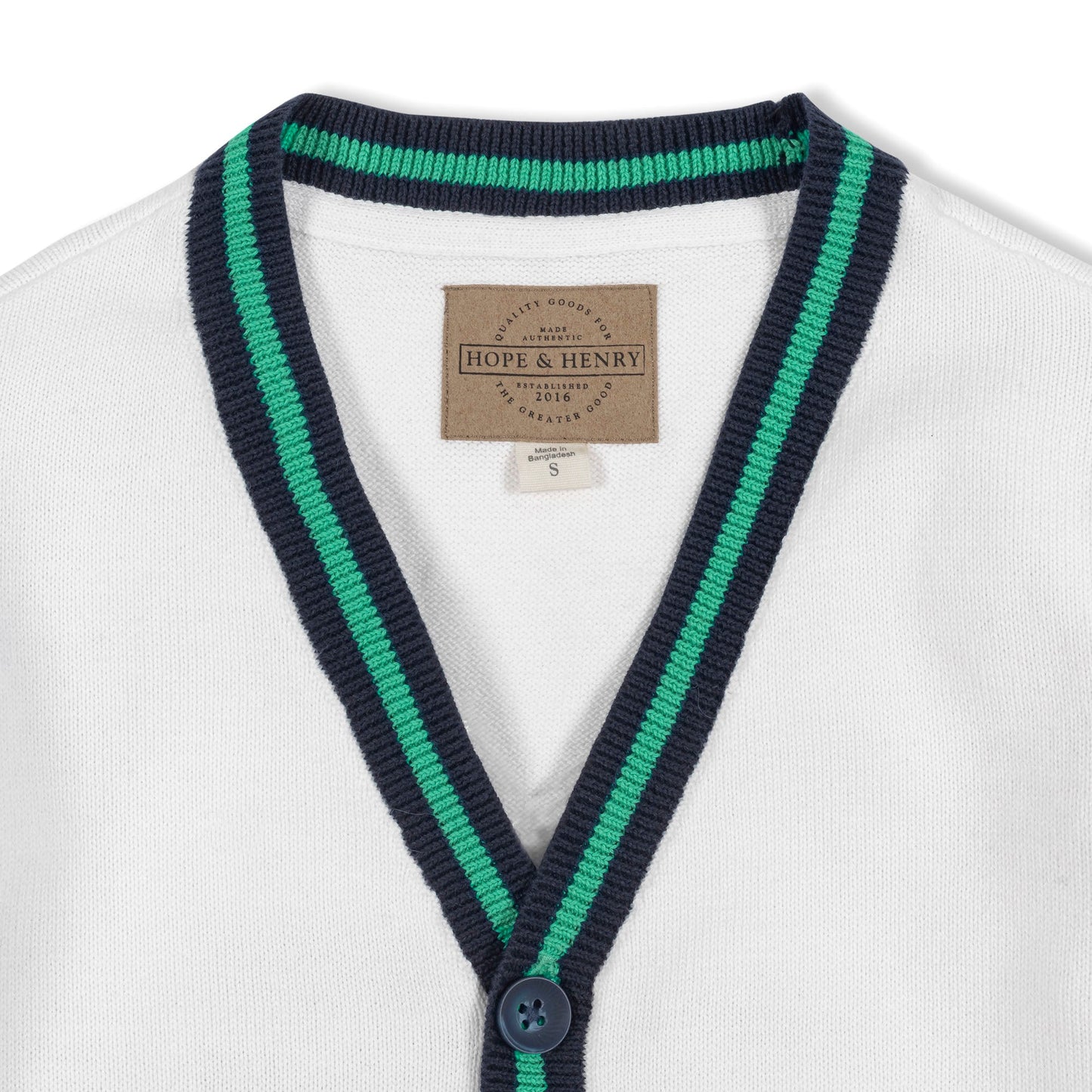 Organic Cotton White & Green V-Neck Tipped Cardigan