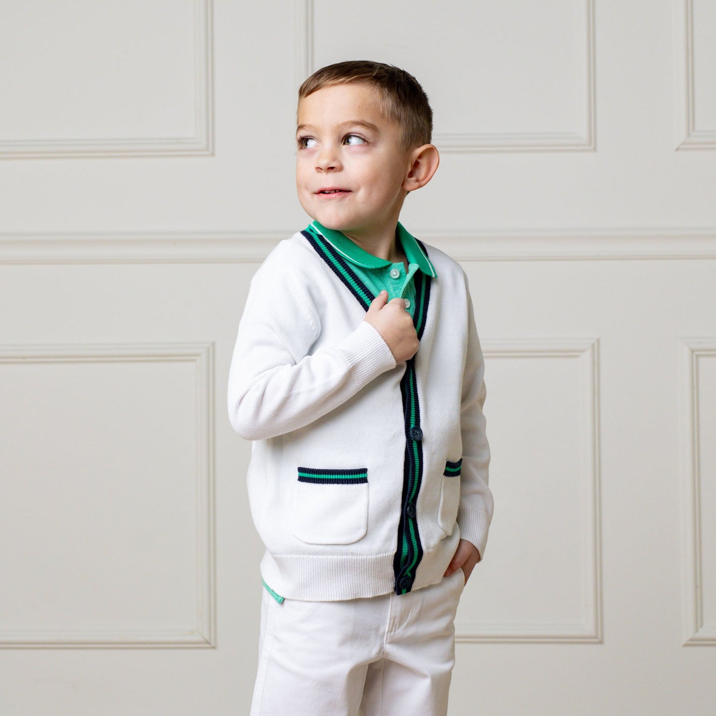 Organic Cotton White & Green V-Neck Tipped Cardigan