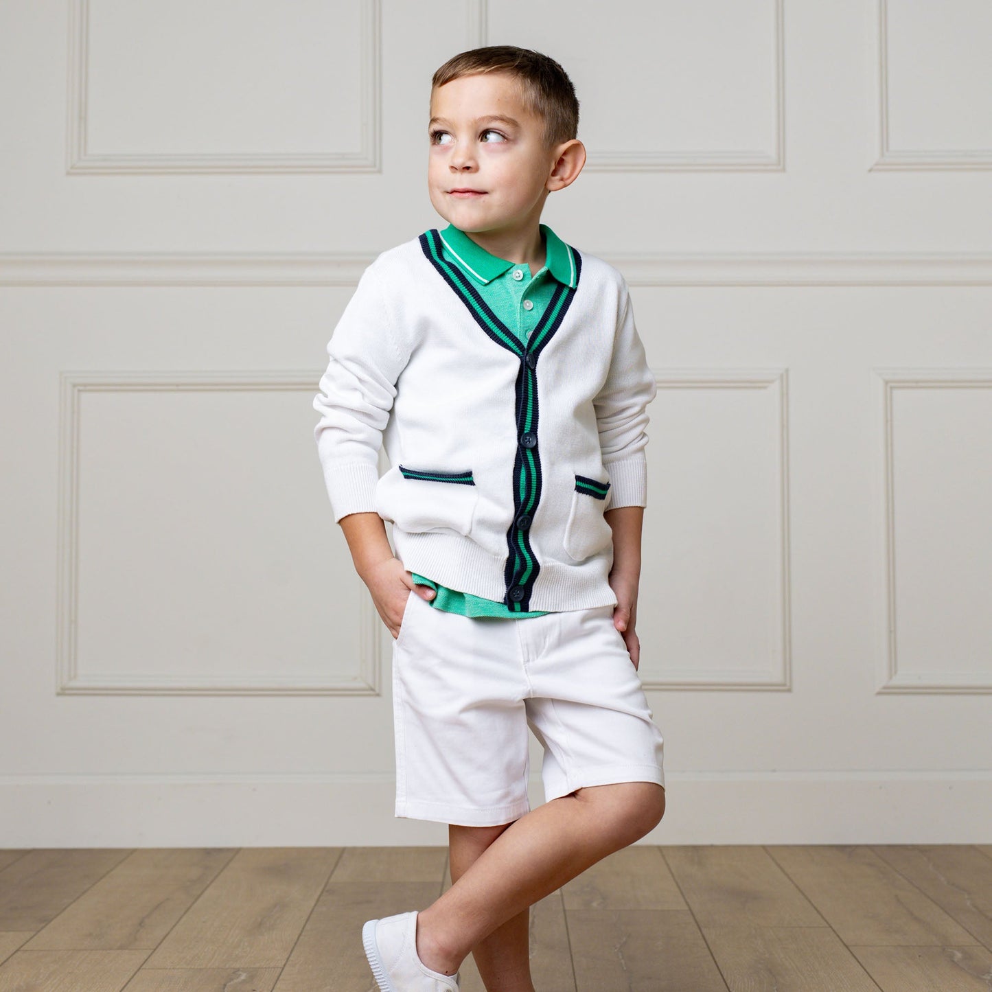 Organic Cotton White & Green V-Neck Tipped Cardigan