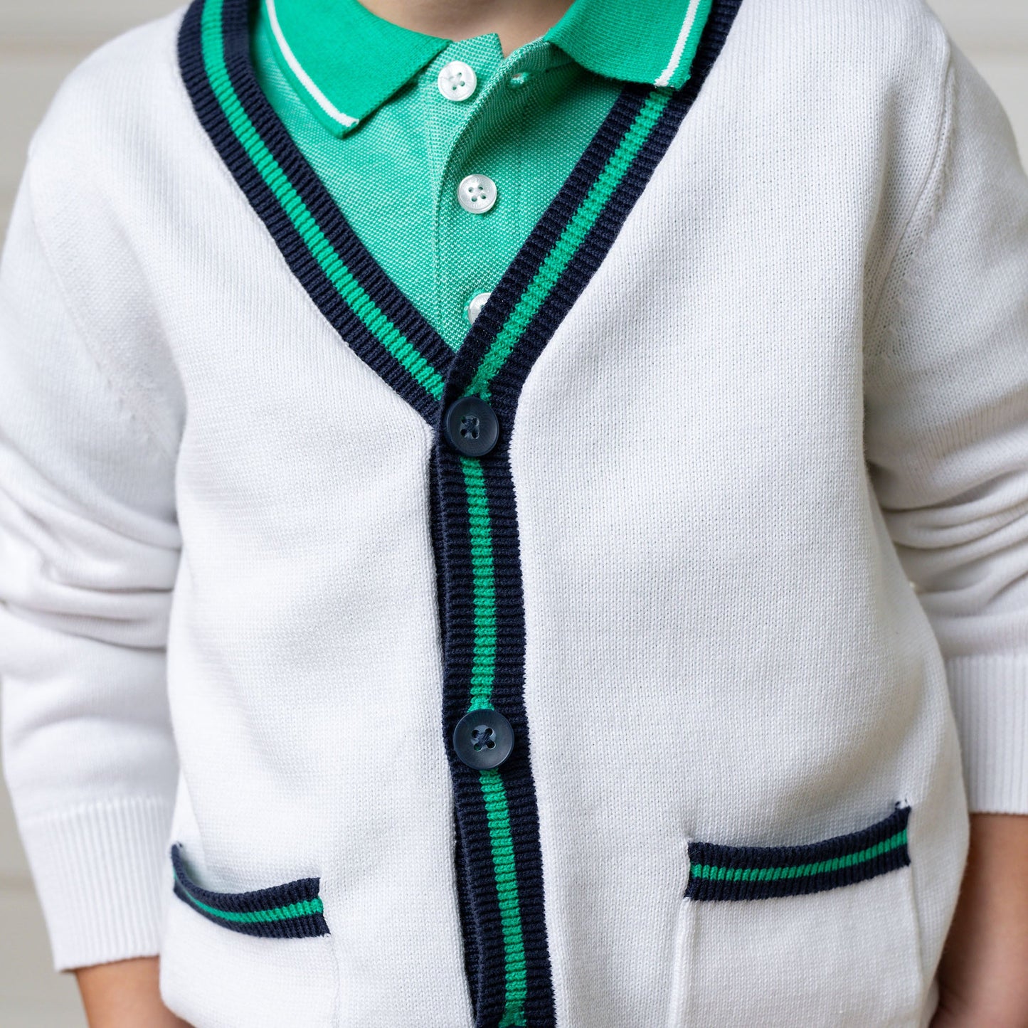 Organic Cotton White & Green V-Neck Tipped Cardigan