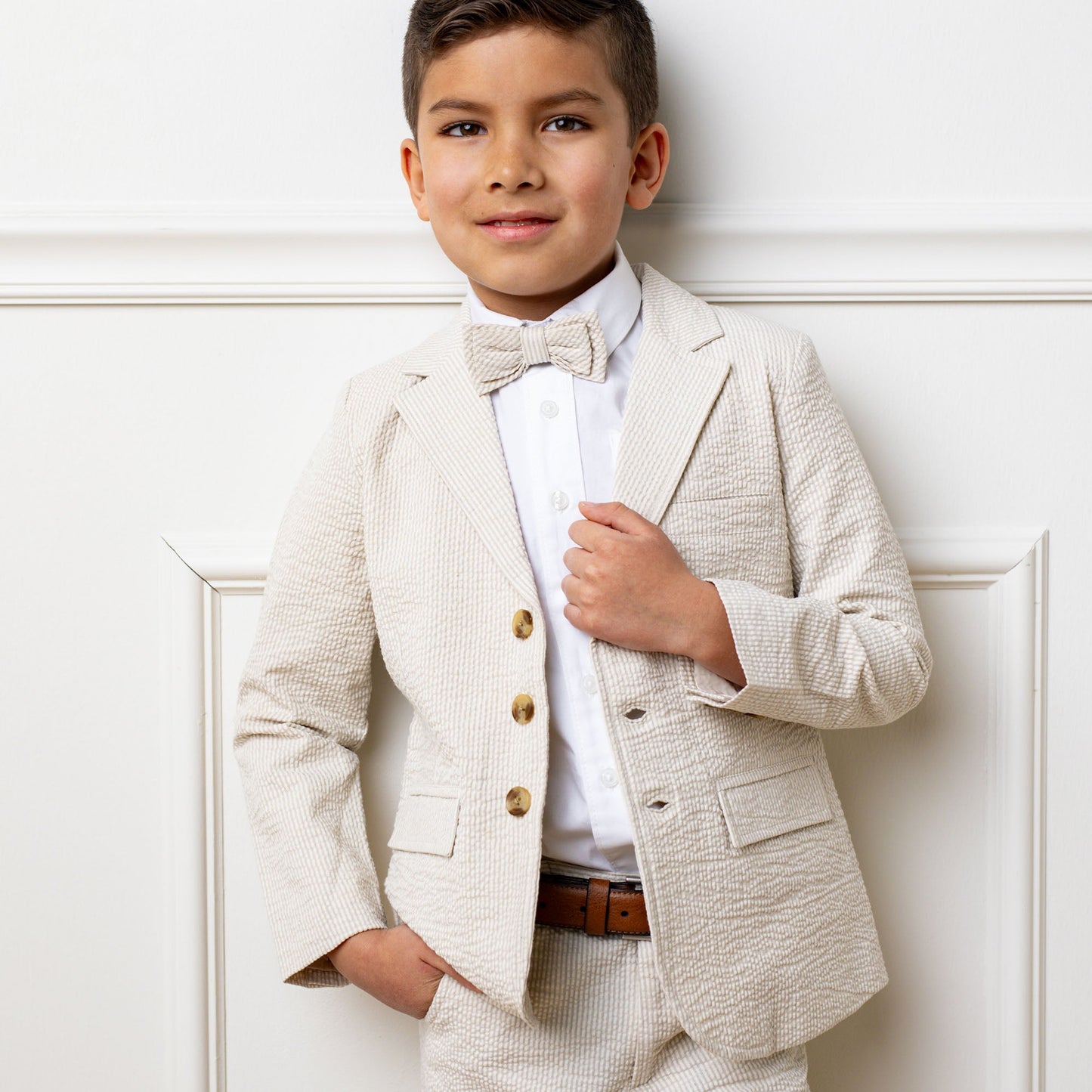 Neutral Beige Organic Cotton Seersucker Bow Tie
