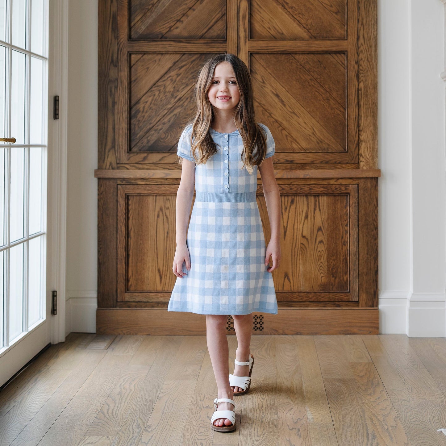 Organic Cotton Blue & White Plaid Button Front Sweater Dress