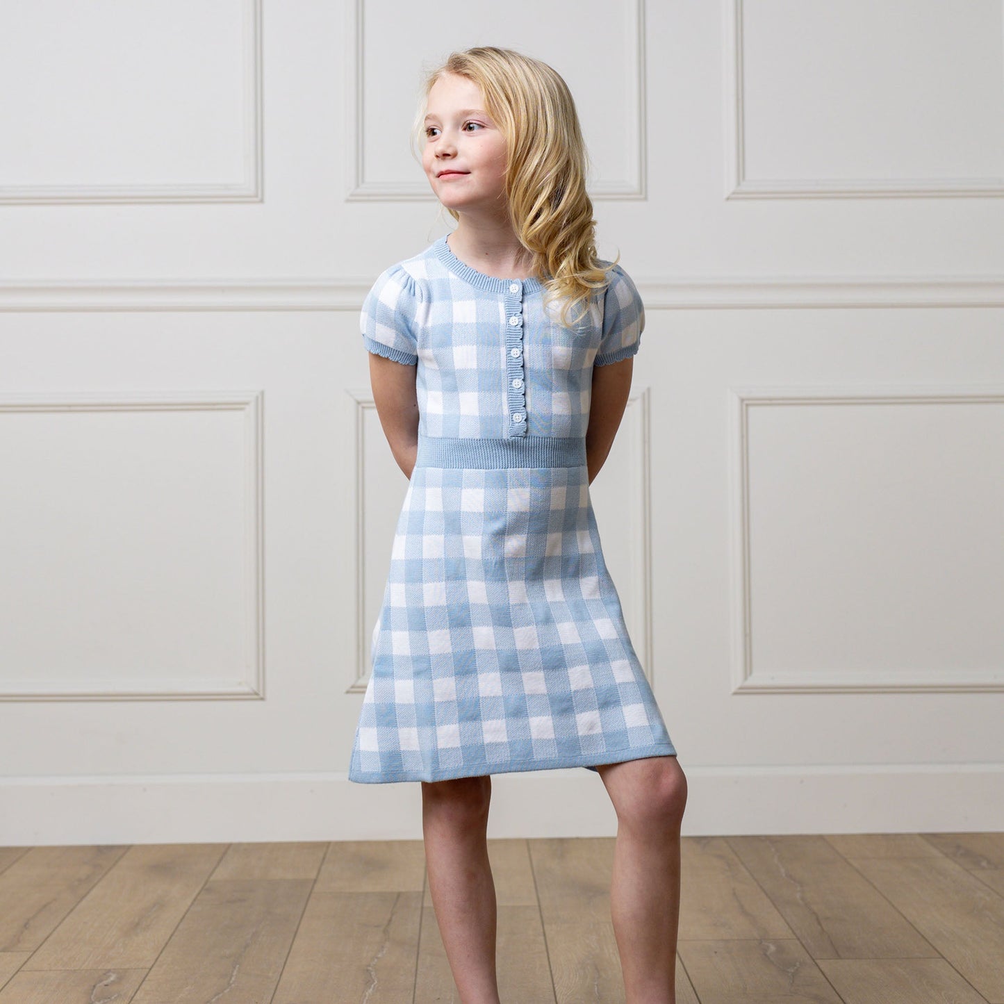 Organic Cotton Blue & White Plaid Button Front Sweater Dress