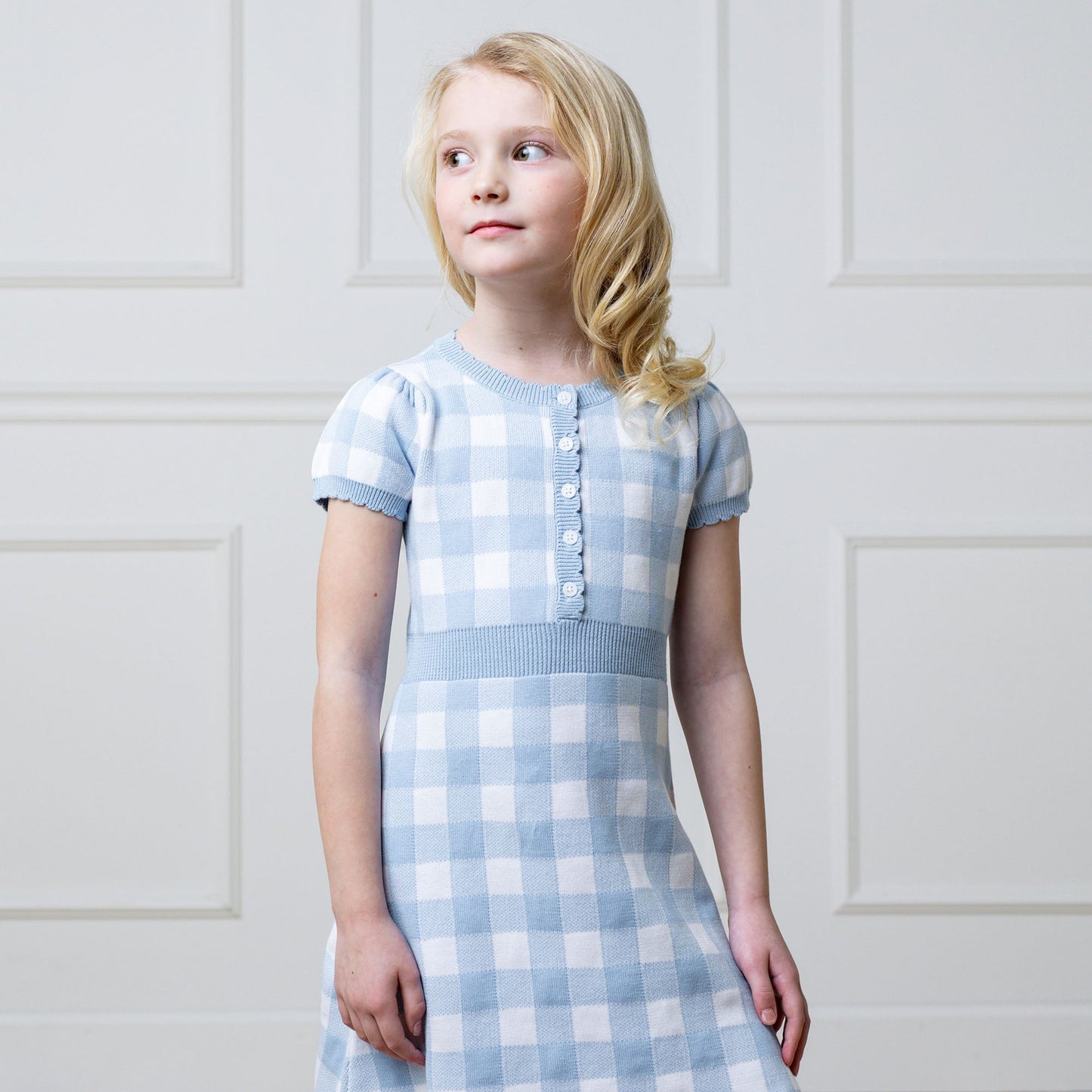 Organic Cotton Blue & White Plaid Button Front Sweater Dress