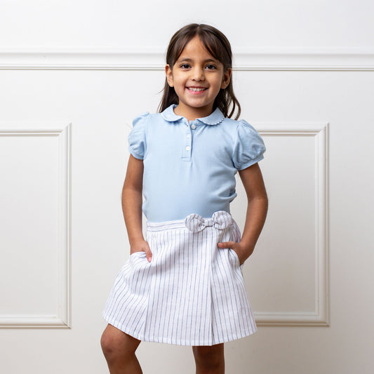 Organic Linen/Cotton Blue and White Pleated Bow Skort