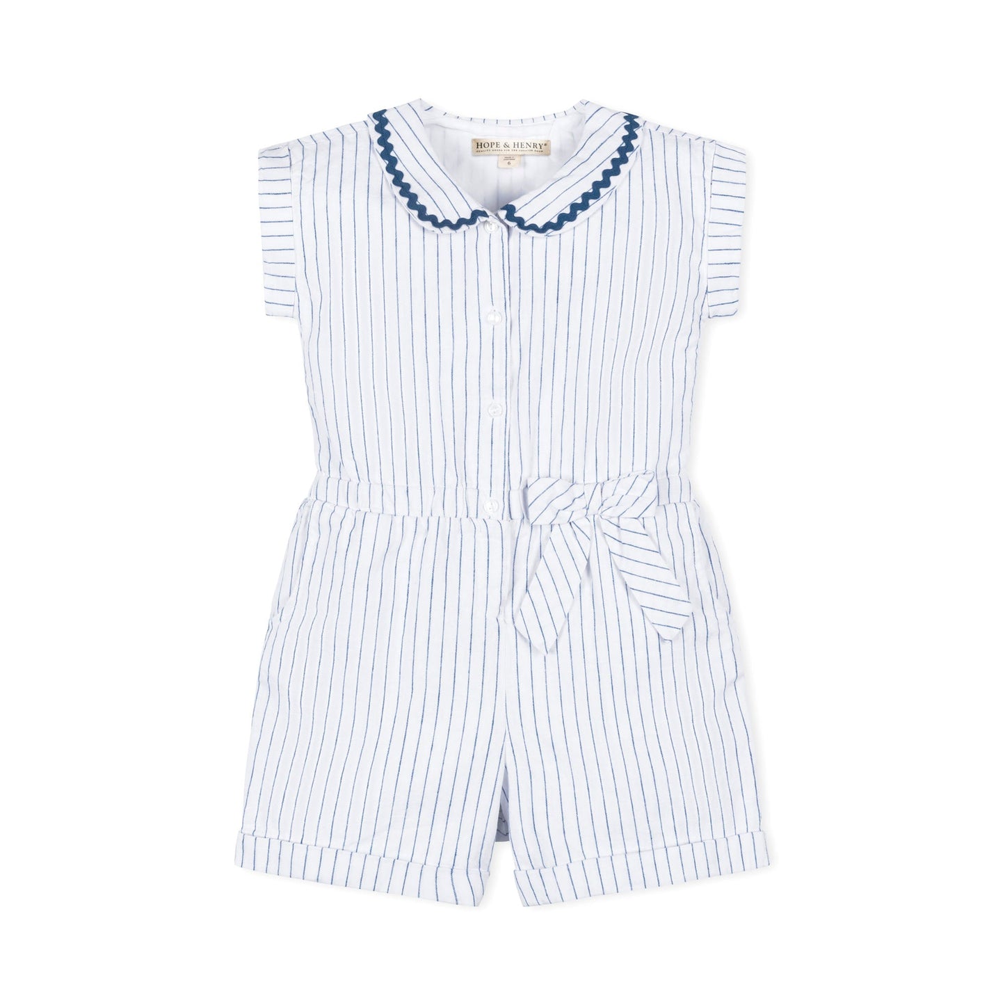 Linen Cotton Blue & White Collared Button Front Romper