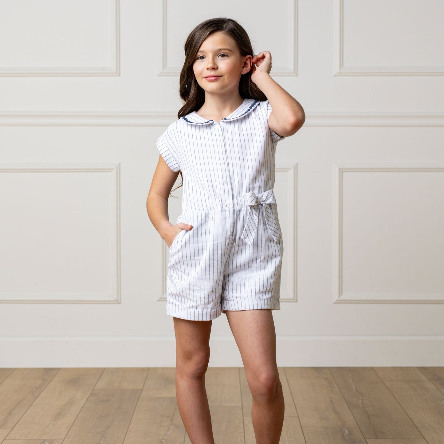 Linen Cotton Blue & White Collared Button Front Romper